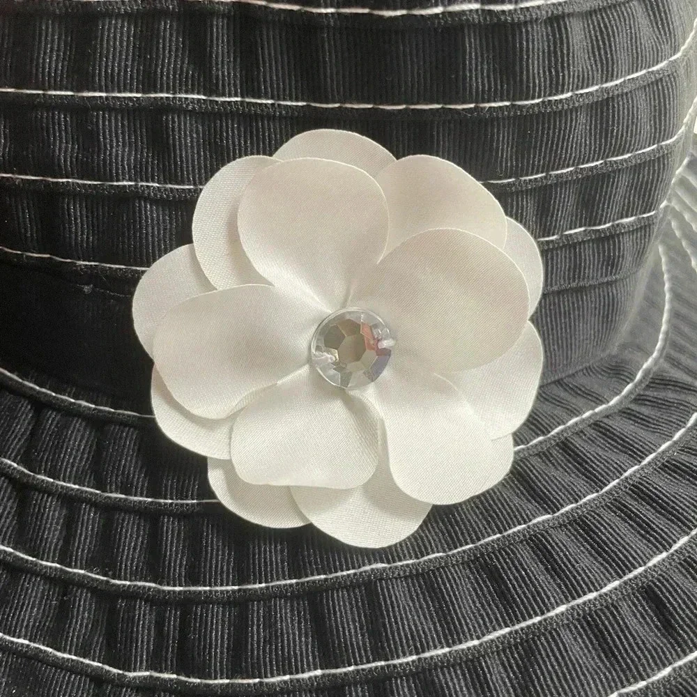 Girls S 5-7 Gymboree flower Lightweight, Wide Brim Black Woven w white flower